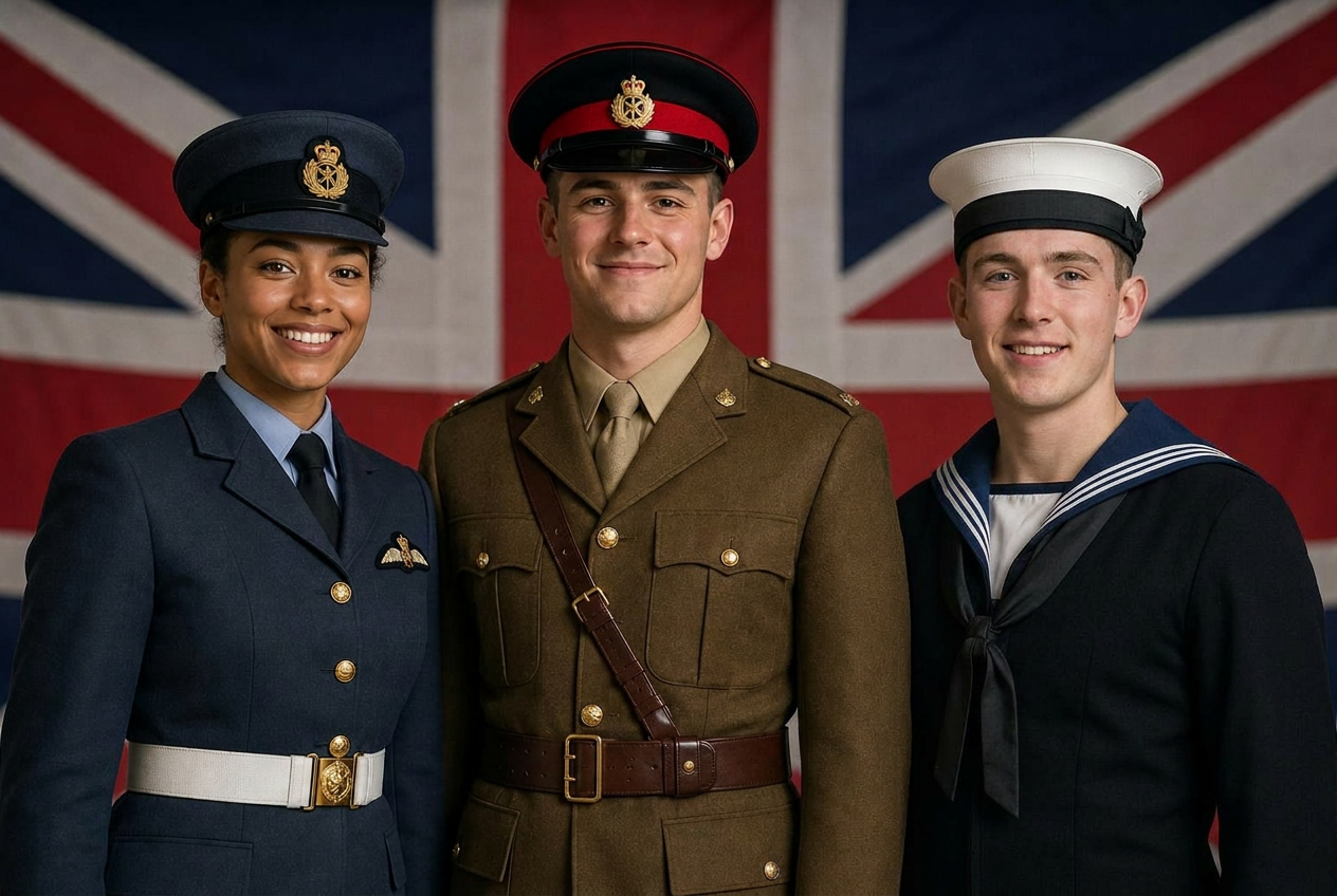 Royal Air Force, British Army and Royal Navy personnel in dress uniform in front of a Union Jack flag