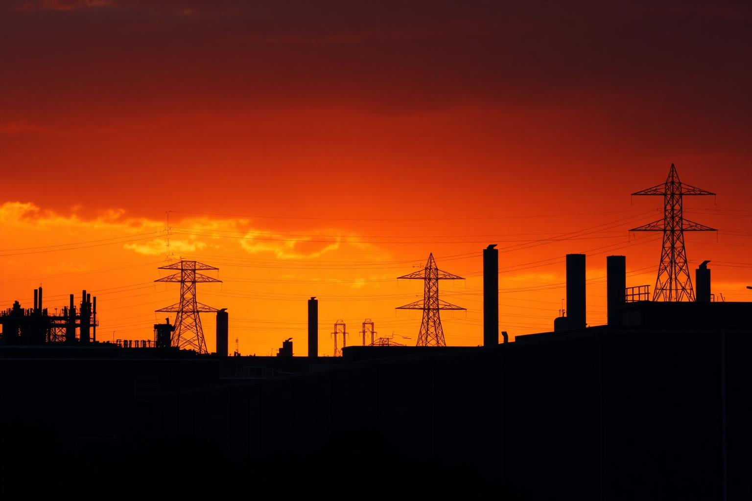 UK industrial skyline at dusk with electricity pylons against a deep orange sky